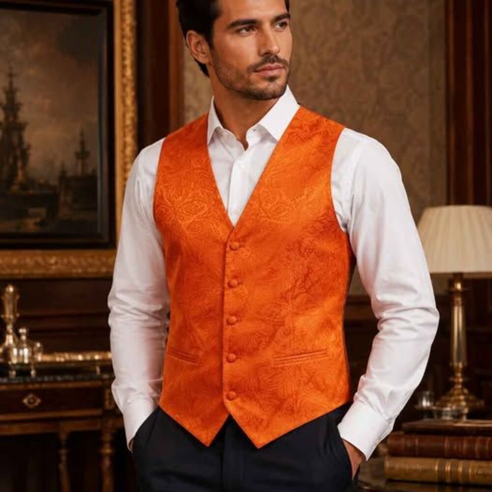 Vesubio Napoli Men’s Orange Paisley Formal Vest Size M Jacquard Waistcoat